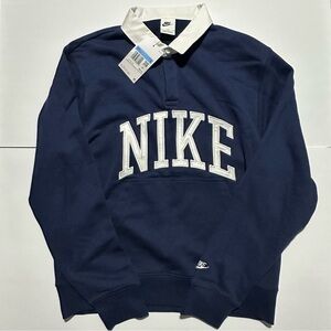 Nike Men's Collared Pullover Sweatshirt Navy Fleece Embroidered Logo M